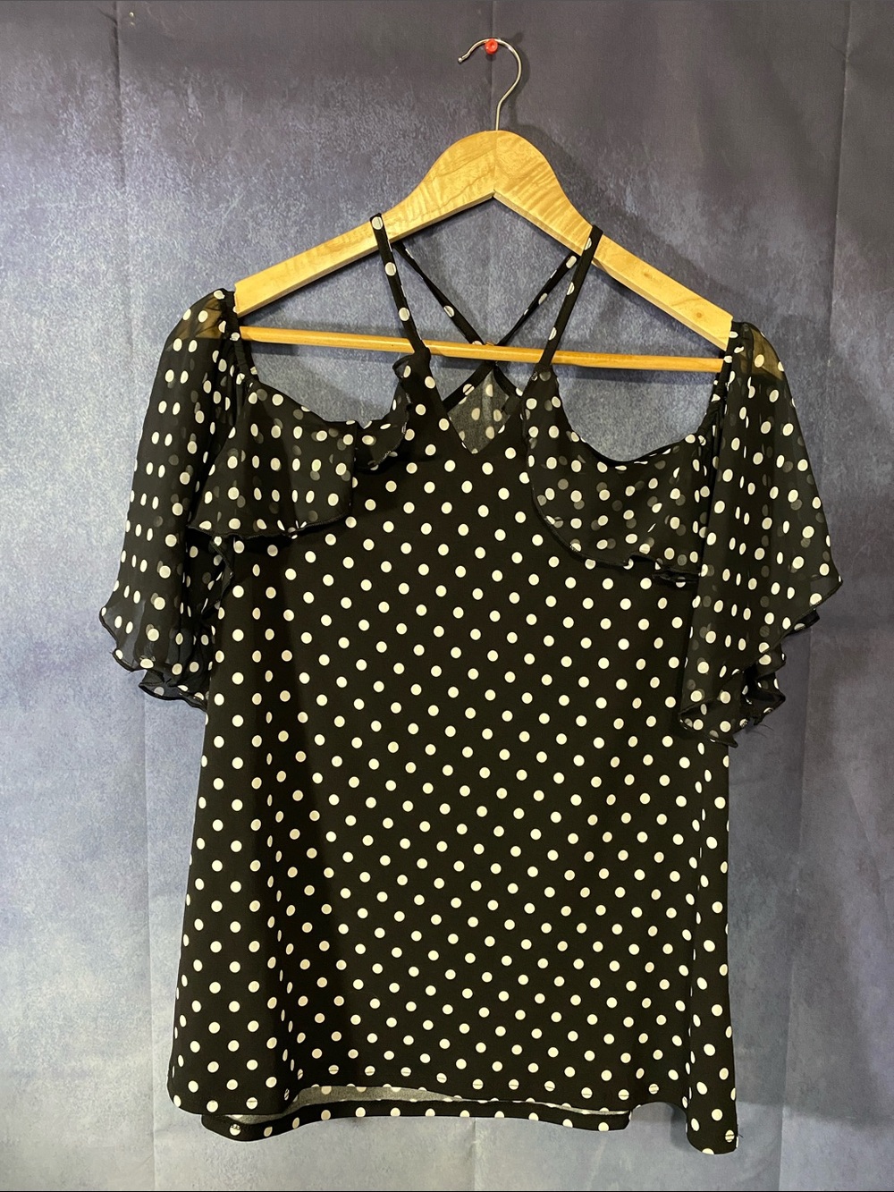 Women’s Black Polka Dot Cold-Shoulder Ruffle Blouse